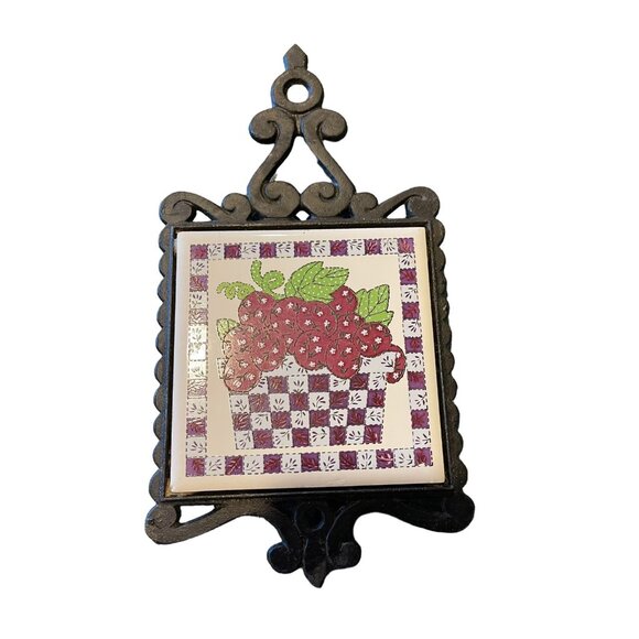 Cathay Tile Wrought Iron Hot Plate Trivet Vintage 70s Grapes Pattern - Picture 2 of 3